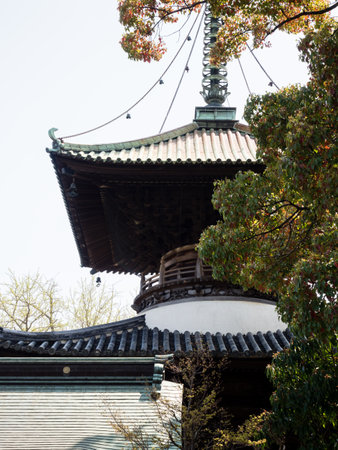 Komatsushima, Japan - April 4, 2018: Two-story pagoda on the grounds of Tatsueji, temple number 19 of Shikoku pilgrimageのeditorial素材