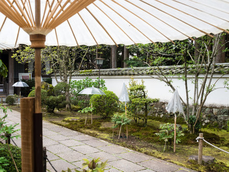 Nankoku, Kochi prefecture, Japan - April 6, 2018: Traditional Japanese garden decorated with umbrellas on the grounds of Kokubunji, temple number 29 of Shikoku pilgrimageのeditorial素材