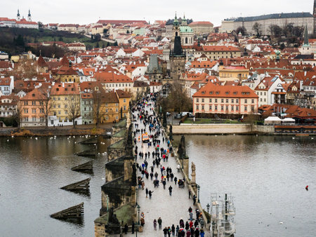 Prague, Czech Republic - December 12, 2018: View of Lesser Town and Charles Bridge from Old Town Bridge Towerのeditorial素材