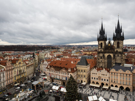Prague, Czech Republic - December 12, 2018: Panoramic view of Old Town Square with christmas market on a stormy winter dayのeditorial素材