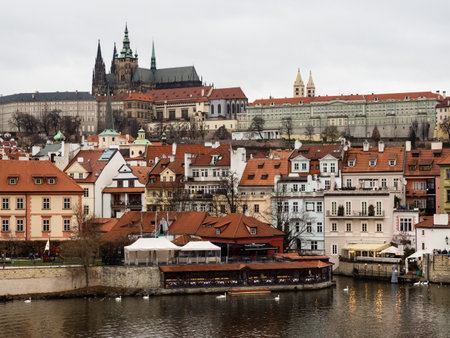 Prague, Czech Republic - December 12, 2018: View of Lesser Town and Prague Castle from Charles...