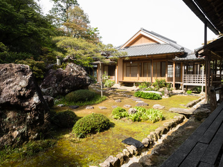 Kochi, Japan - April 6, 2018: Traditional Japanese garden on the grounds of Chikurinji, temple number 31 of Shikoku pilgrimageのeditorial素材