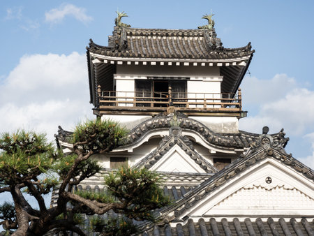 Kochi, Japan - April 6, 2018: Main tower of Kochi castle, one of the 12 original Edo period castles of Japan