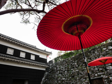 Kochi, Japan - April 7, 2018: Red decorative paper umbrellas at the entrance to Kochi castle, one of the 12 original Edo period castles of Japan