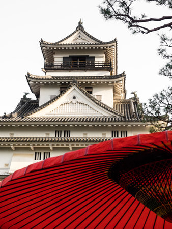 Kochi, Japan - April 7, 2018: Red decorative paper umbrella in Kochi castle, one of the 12 original Edo period castles of Japanのeditorial素材