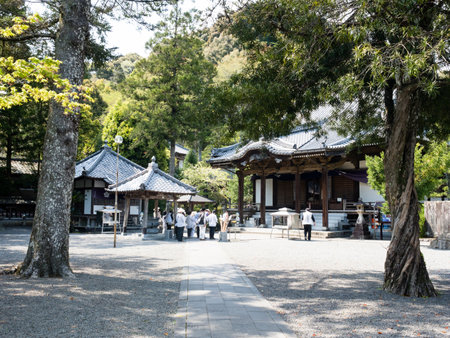 Sukumo, Japan - April 8, 2018: Group of o-henro pilgrims at Enkoji, temple number 39 of Shikoku pilgrimageのeditorial素材
