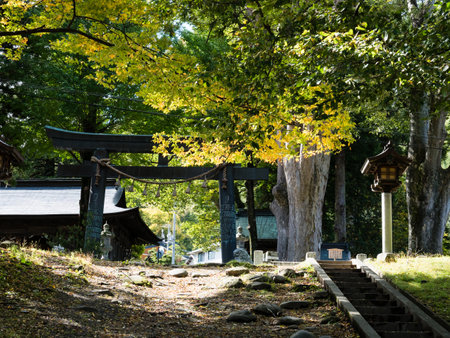 Chino, Nagano prefecture, Japan - October 22, 2017: Entrance to Suwa Taisha Kamisha Maemiya, the oldest shrine within Suwa Taisha complexのeditorial素材