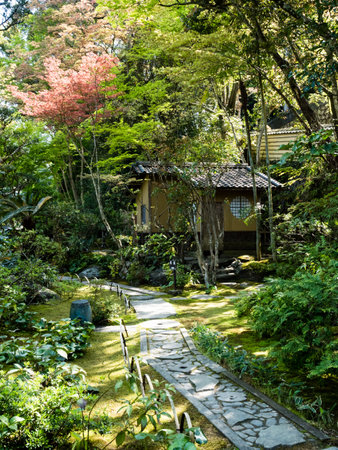 Ozu, Japan - April 9, 2018: Traditional Japanese garden on the grounds of Garyu Sanso, a historic villa in Ozu Old Townのeditorial素材
