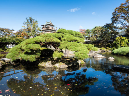 Traditional Japanese public garden with pond near reconstructed Takashima castle in Suwa, Nagano prefecture, Japanのeditorial素材