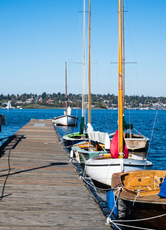 Seattle, USA - October 4, 2018: Sailing boats lined up at the pier on the shores of Lake Union in South Lake Union neighborhoodのeditorial素材