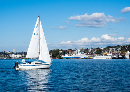 Seattle, USA - October 4, 2018: Sailing boat on Lake Union on a sunny day,view from South Lake Union neighborhoodのeditorial素材