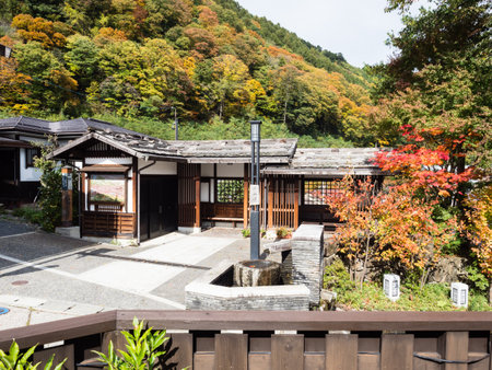 Kiso, Nagano prefecture, Japan - October 23, 2017: Fall foliage in historic old town of Kiso-Fukushimaのeditorial素材