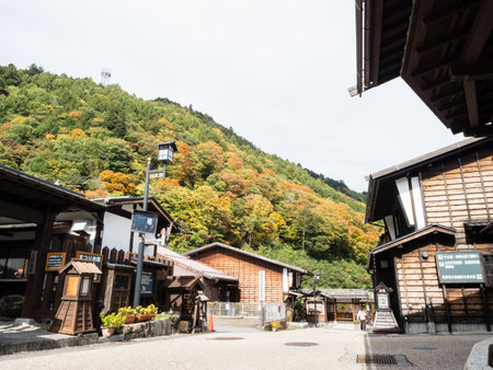 Kiso, Nagano prefecture, Japan - October 23, 2017: Traditional houses in historic district of Kiso-Fukushima, an old post town along Nakasendo roadのeditorial素材