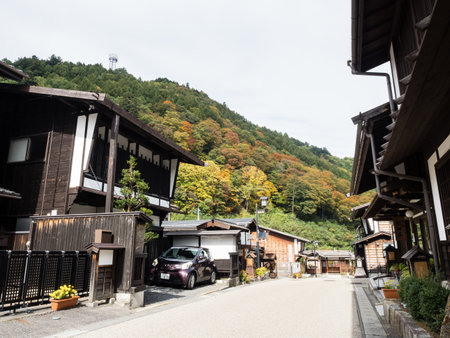 Kiso, Nagano prefecture, Japan - October 23, 2017: Traditional houses in historic district of Kiso-Fukushima, an old post town along Nakasendo roadのeditorial素材