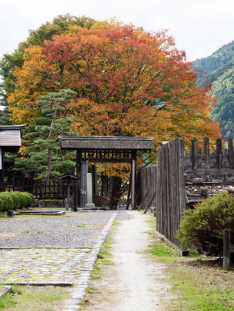Kiso, Nagano prefecture, Japan - October 23, 2017: Fall foliage at the entrance to Fukushima...