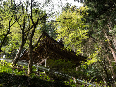 Kumakogen, Ehime prefecture, Japan - April 10, 2018: Buddhist pavilion along the mountain path leading to Iwayaji, temple number 45 of Shikoku pilgrimageのeditorial素材