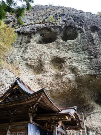 Kumakogen, Ehime prefecture, Japan - April 10, 2018: Limestone grottoes on the grounds of Iwayaji, temple number 45 of Shikoku pilgrimageのeditorial素材
