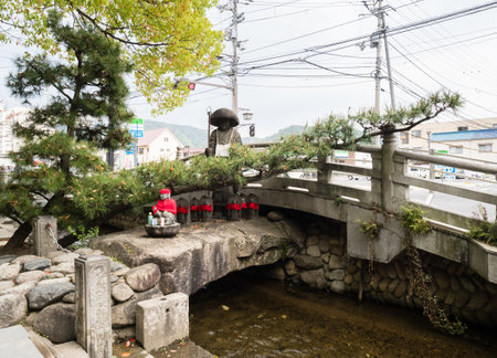 Matsuyama, Ehime prefecture, Japan - April 10, 2018: Buddhist statues at the entrance to Ishiteji, temple number 51 of Shikoku pilgrimageのeditorial素材