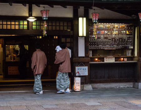 Matsuyama, Ehime prefecture, Japan - April 10, 2018: Visitors at the entrance to Dogo Onsen Honkan building at Dogo Onsenのeditorial素材