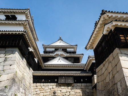 Matsuyama, Ehime prefecture, Japan - April 11, 2018: Entrance to the main tower of historic...