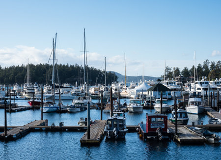 Roche Harbor, San Juan Island, USA - April 13, 2019: View of Roche Harbor marina in the evening