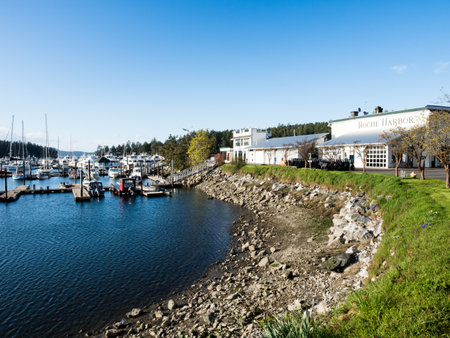 Roche Harbor, San Juan Island, USA - April 13, 2019: View of Roche Harbor resort and marina in the...