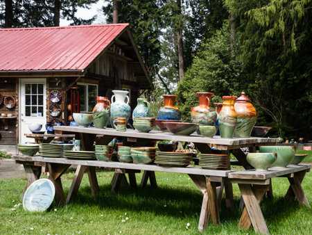 Orcas Island, WA, USA - April 14, 2019: Outdoor artistic pottery display at Orcas Island Pottery storeのeditorial素材