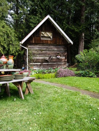 Orcas Island, WA, USA - April 14, 2019: On the grounds of Orcas Island Pottery store, a studio pottery in beautiful surroundingsのeditorial素材