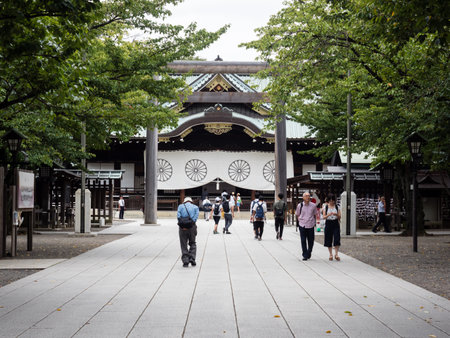 Tokyo, Japan - August 19, 2018: Visitors on the grounds of Yasukuni Shrine on a weekdayのeditorial素材