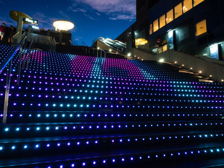 Kyoto, Japan - August 21, 2018: Light show on the big steps of Kyoto Station Building at nightのeditorial素材