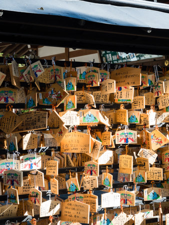 Kofu, Yamanashi prefecture, Japan - October 26, 2017: Ema plaques at Takeda Shrine, a Shinto shrine dedicated to the spirit of Takeda Shingenのeditorial素材