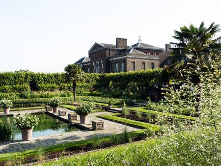 London, UK - June 6, 2018: Princess Diana Memorial Garden and Kensington Palace in summerのeditorial素材