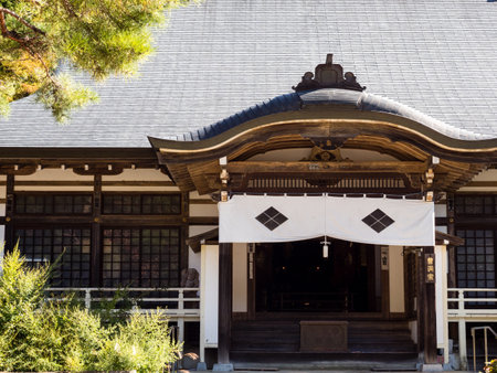 Koshu, Japan - October 26, 2017: Main hall of Keitokuin, a Buddhist temple dedicated to Takeda Katsuyori, the last ruler of famous Takeda clan, built on the site of his deathのeditorial素材