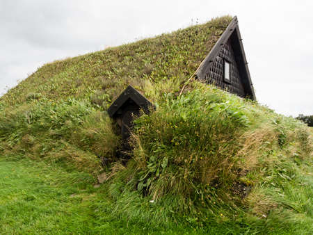 Turf house church in Skalholt, southern Icelandの写真素材