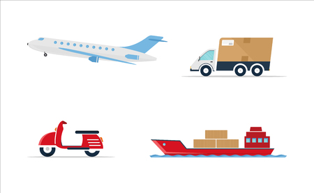 Set of transport on white background - car, ship, plane, scooter. Vector illustration - flat style.のイラスト素材