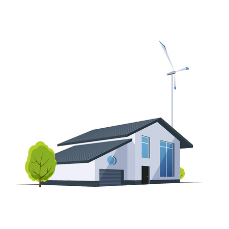 Perspective of the house with wind turbine on background. Green energy modern building.のイラスト素材
