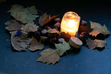 Candle light, autumn dried leaves and chestnutsの写真素材