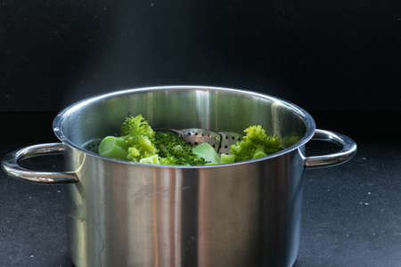 Pan filled with steamed broccolis in a dark backgroundの写真素材