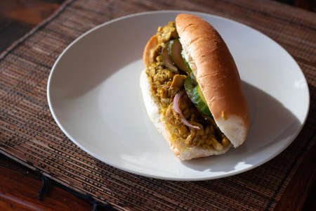 Curry chicken sandwich in a plateの写真素材