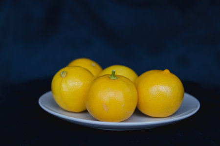 Persian Sweet lemons on a white plate with dark blue backgroundの写真素材