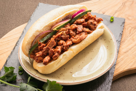 Sandwich Tandoori, made with chicken, traditional surinames bread, pickles and chilli peppersの写真素材