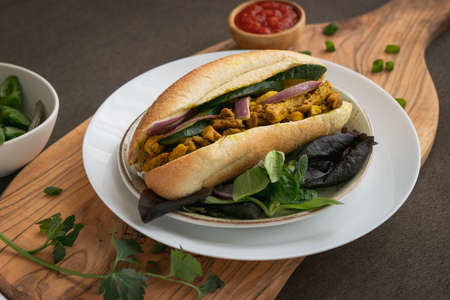 chicken curry Sandwich with saladの写真素材