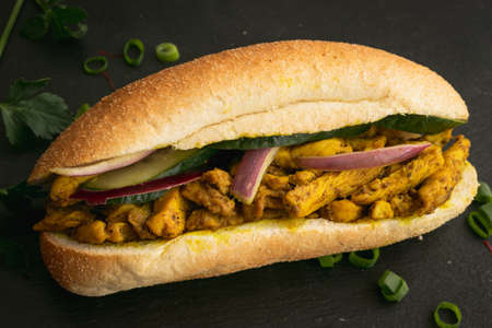 chicken curry Sandwich with saladの写真素材