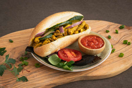 chicken curry Sandwich with saladの写真素材