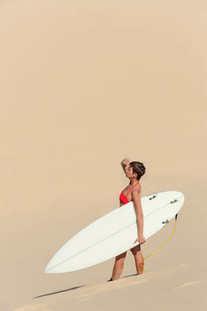 Rear view of beautiful sexy young woman surfer girl in bikini with white surfboard on a beach in desertの写真素材