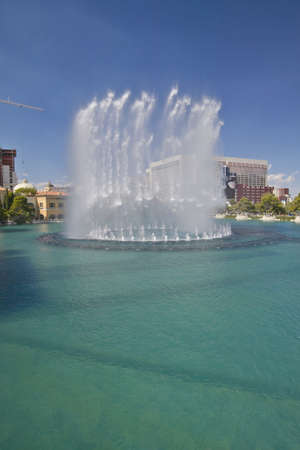 Water fountain display at Bellagio Casino with Paris Casino and Eiffel Tower in Las Vegas, NVのeditorial素材