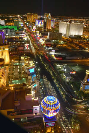 Aerial view at night from Eiffel Tower of Las Vegas Strip and neon lights, Las Vegas, NVのeditorial素材