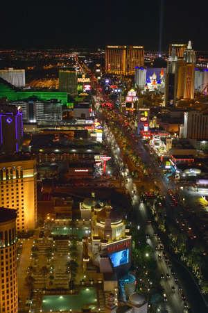 Aerial view at night from Eiffel Tower of Las Vegas Strip and neon lights, Las Vegas, NVのeditorial素材