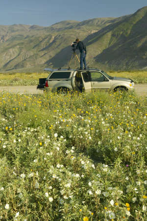 Photographer setting up camera on car rooftop to photograph spring desert lilies and desert gold, Henderson Road in Anza-Borrego Desert State Park, CAのeditorial素材