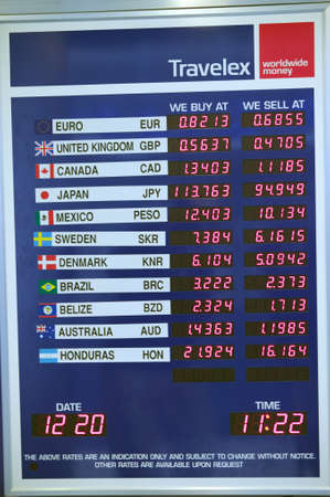 Foreign exchange board at an international airport, United Statesのeditorial素材